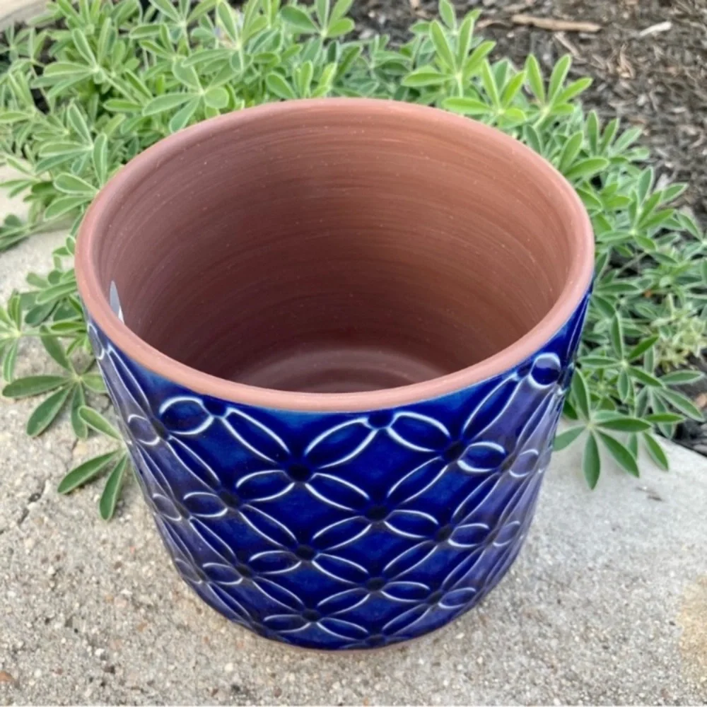 6 Inch Blue Planter Ceramic Pot Cobalt Embossed Floral Pattern Inline Saucer NWT